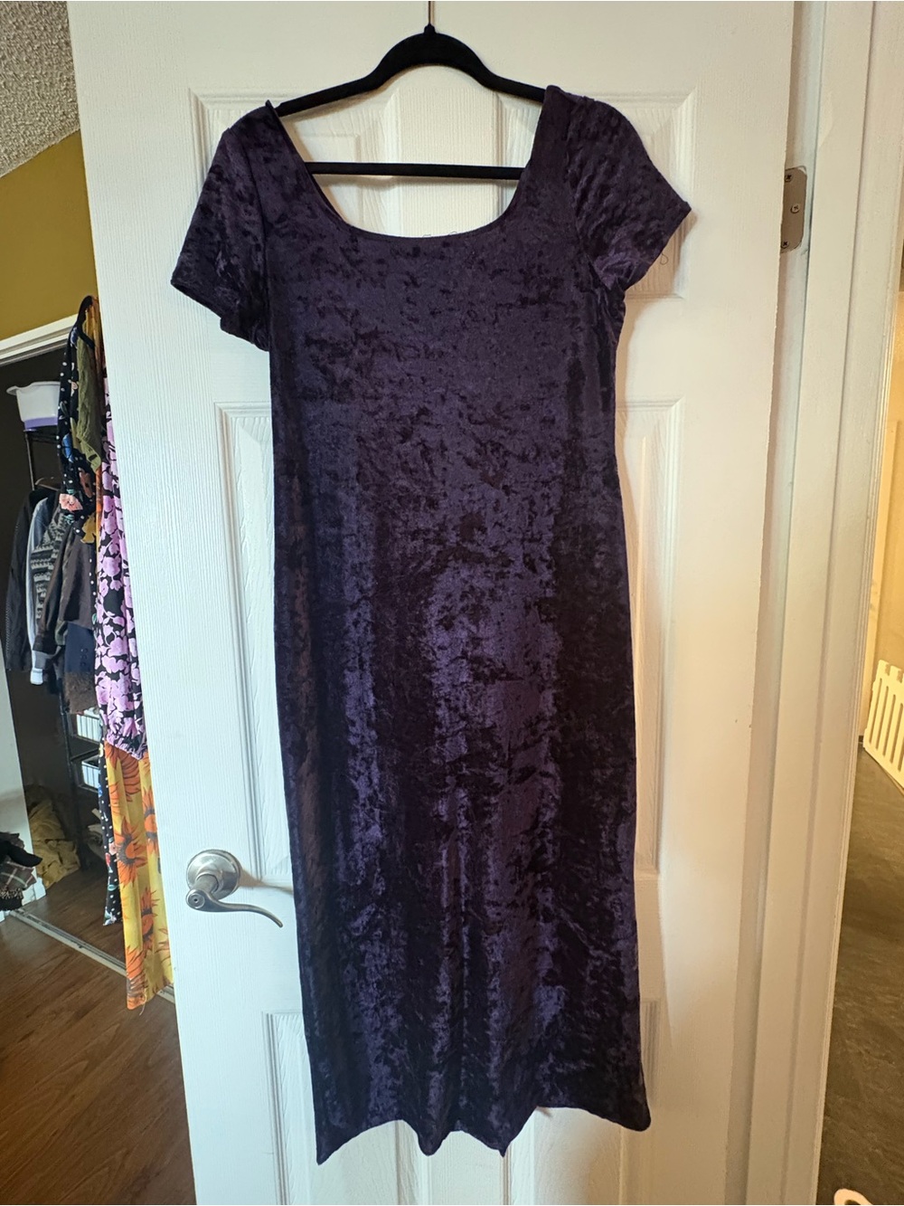 Women's Velvet Scoop Neck Vintage Midi Dress - Purple